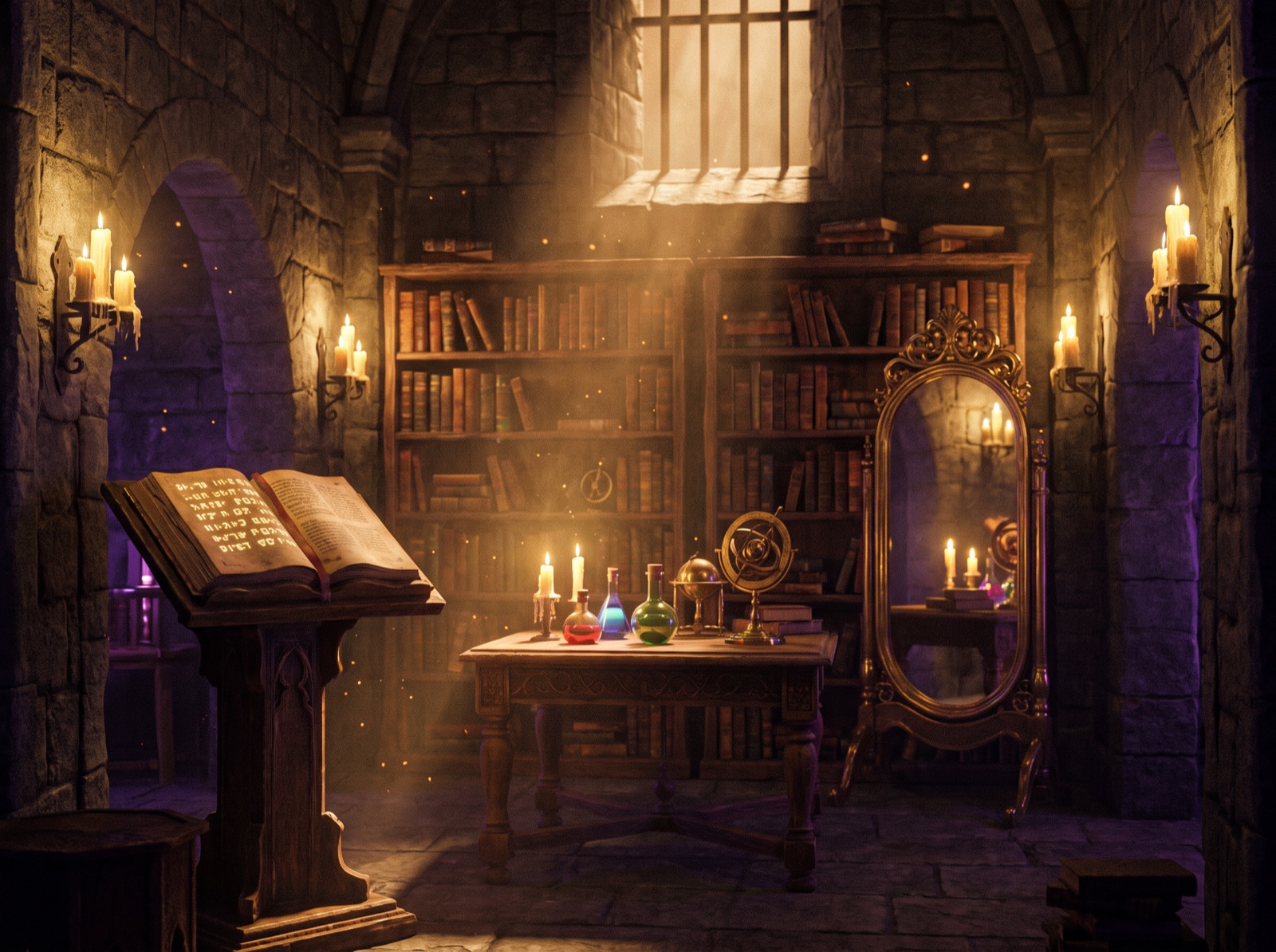 Salle L'École des Sorciers : bibliothèque de dungeon aux chandelles, grimoire ouvert, fioles de potions et miroir orné, escape game inspiré de l'univers sorcier